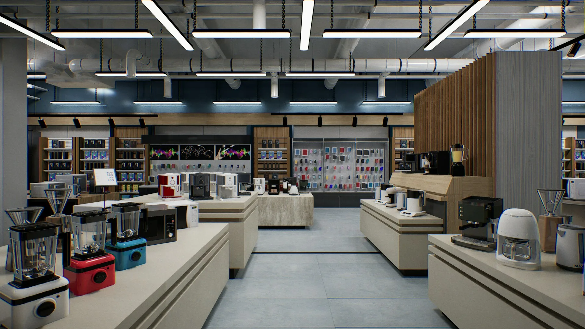 Appliances on display in a showroom